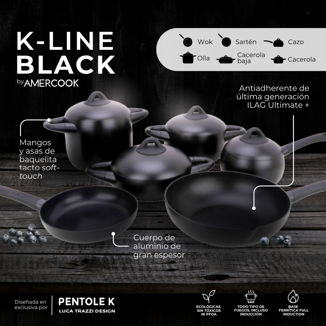 Olla alta con tapa K-Line Black. Apta para todo tipo de cocinas, incluso inducción