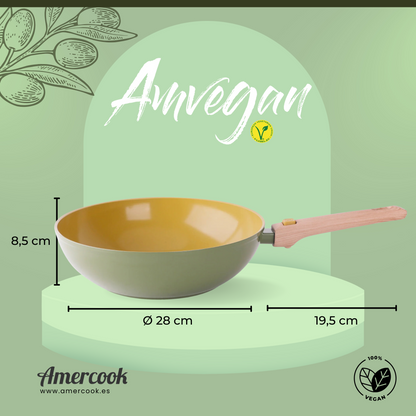 Wok AmVegan con mango desmontable, apta para horno y todo tipo de cocinas incluso inducción