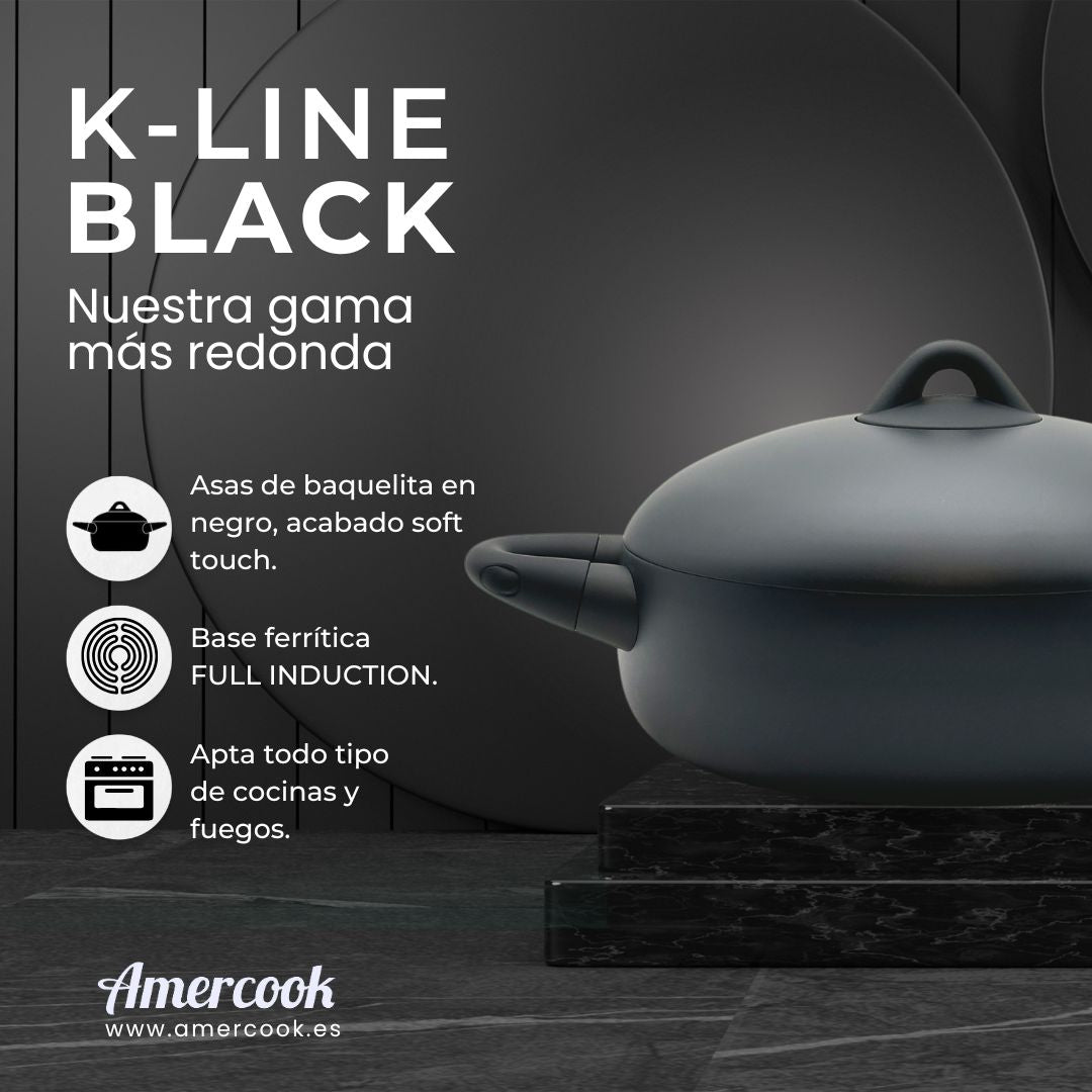 Cacerola baja con tapa K-Line Black. Apta para todo tipo de cocinas, incluso inducción