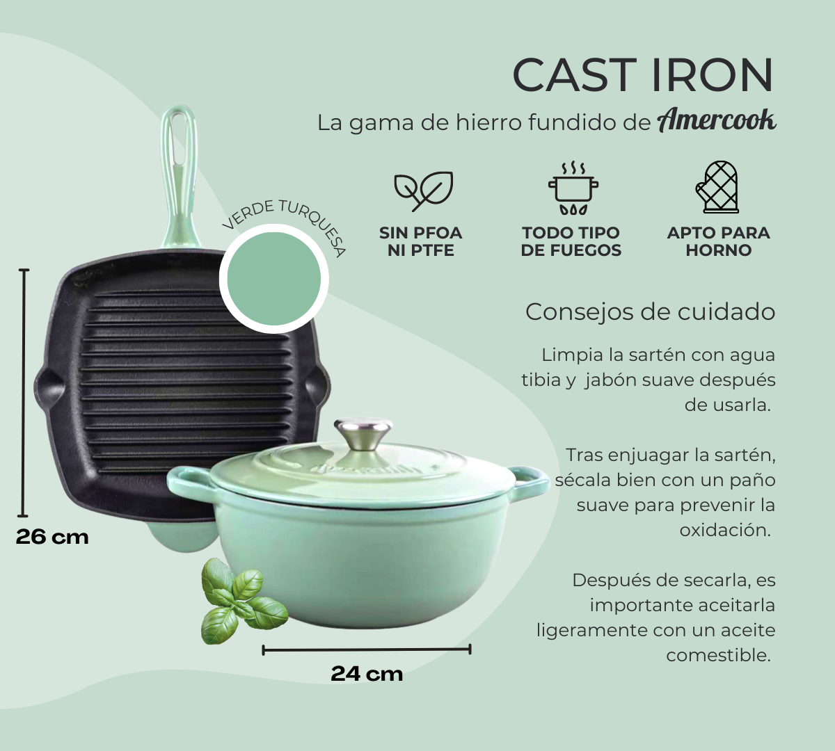 Set de grill y cacerola Cast Iron de hierro fundido verde turquesa